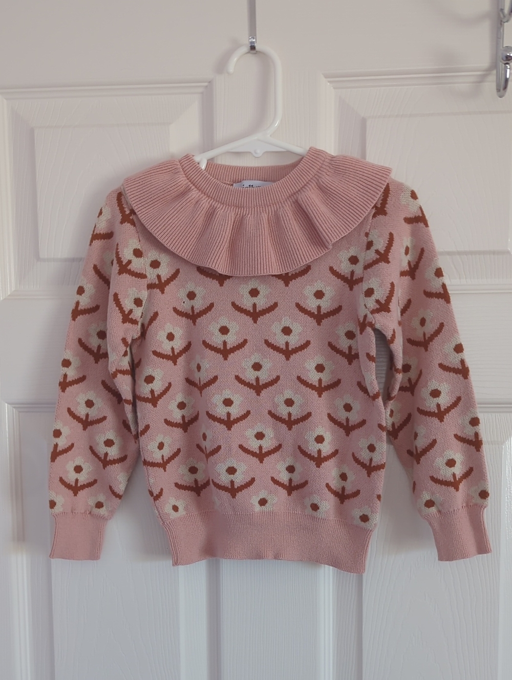 Pink Floral Jacquard Ruffle-Collar Sweater Girls 4/5
